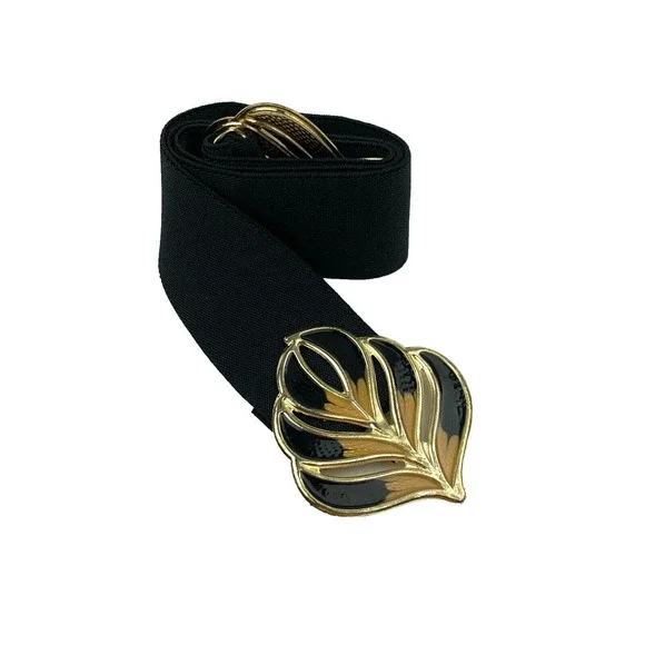 Vintage 80s Black Gold Stretch Enamel Metal Hook Clasp Peacock Feather 31" - Picture 1 of 8